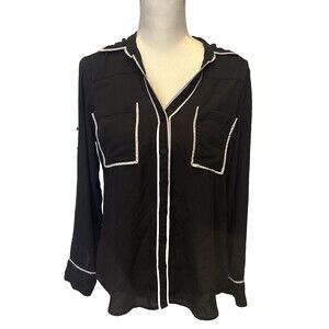 Express The Portofino Shirt Womens Medium Black White Roll Tab Sleeves Office